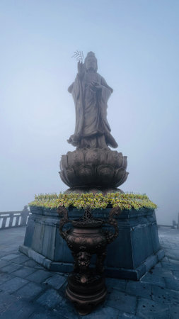 Sa Pa, Lao Cai, Vietnam â December 14, 2022 : Buddhist temple at Fansipan mountain in the foggy day.のeditorial素材