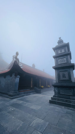 Sa Pa, Lao Cai, Vietnam â December 14, 2022 : Buddhist temple at Fansipan mountain in the foggy day.のeditorial素材