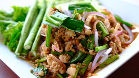 Close up spicy ground pork salad with herbs (larb moo in Thai name).の写真素材