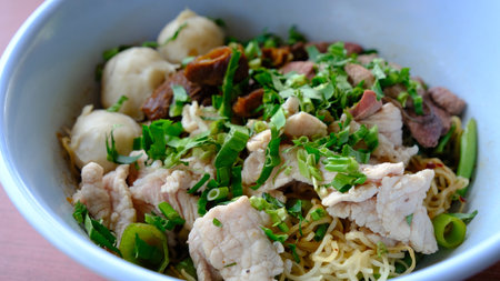 Thai Boat noodles soup or Guay tiew reua ,Rice noodles with stewed pork and pork ball ,Braised pork and liver pork.の写真素材