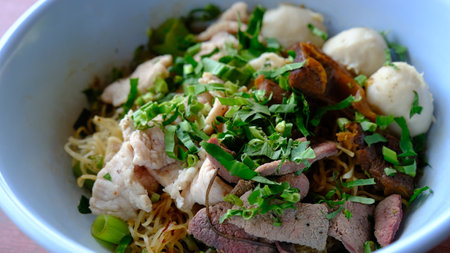 Thai Boat noodles soup or Guay tiew reua ,Rice noodles with stewed pork and pork ball ,Braised pork and liver pork.の写真素材