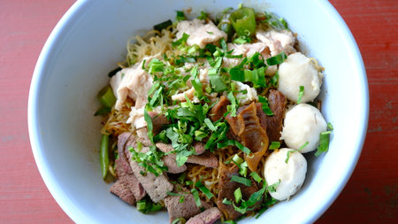 Thai Boat noodles soup or Guay tiew reua ,Rice noodles with stewed pork and pork ball ,Braised pork and liver pork.の写真素材