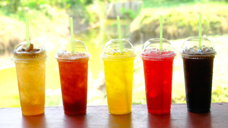 Set of summer beverage in plastic cups for takeaway,の写真素材