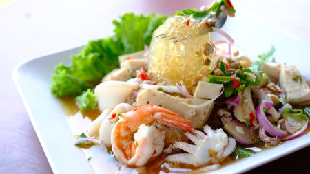 Spicy Glass Noodle Salad with  mixed seafood and ground pork. (Yum woon sen)の写真素材