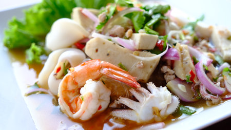 Spicy Glass Noodle Salad with  mixed seafood and ground pork. (Yum woon sen)の写真素材