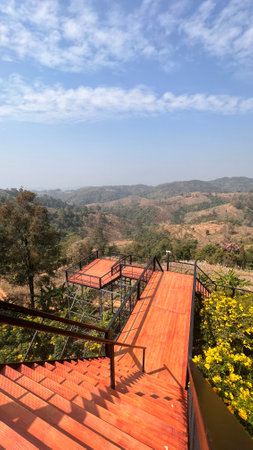 A wooden skywalk on the top of the mountain.の写真素材