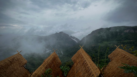 Scenic view of  misty mountain in rain  season at  Doi Pha Hee, Chiang Rai, Thailand.の写真素材