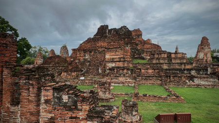 The ruin temple of Wat Mahathat historical park, famous attraction in Ayuttaya.の写真素材