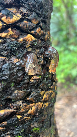 Selective focus tree sap liquid that comes out from tree.の写真素材
