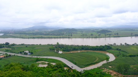 Aerial view of Golden Triangle, Thailand, the confluence of Ruak river and the Mekong river, where converge the borders of Thailand, Laos and Myanmar.の写真素材
