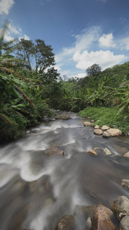 Long exposure and blurred hot spring creek at Chaeson National Park, Lampang province, Thailand.の写真素材