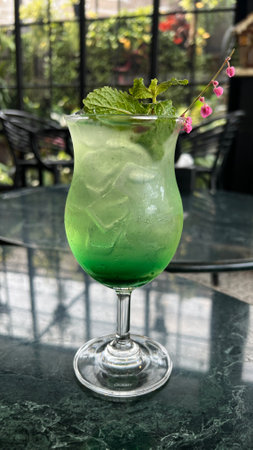 Ice Pandan juice with mint leaves.の写真素材