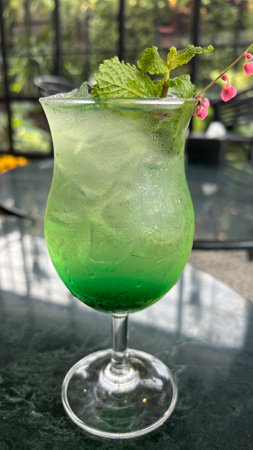 Ice Pandan juice with mint leaves.の写真素材