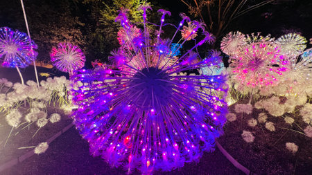 LED flowers at night with blurred bokeh background.の写真素材