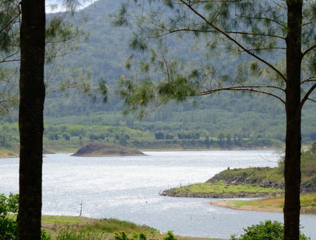 Panoramic view of lake and mountain at Ang kep Nam Tha Khoei, Ratchaburi province.の写真素材
