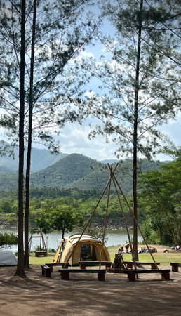 Campground on lake at Ang kep Nam Tha Khoei, Ratchaburi province.の写真素材
