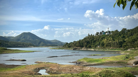 Panoramic view of lake and mountain at Ang kep Nam Tha Khoei, Ratchaburi province.の写真素材