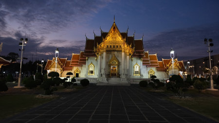 Wat Benchamabophit Dusitvanaram at night, the buddhist temple as known as the marble temple.の写真素材