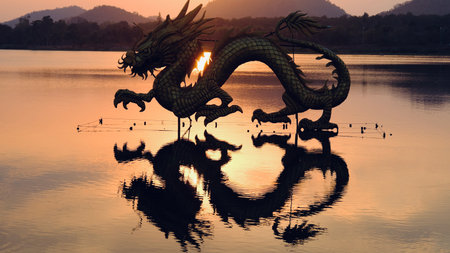 Beautiful view of golden dragon at sunset the landmark of Ang kep nam chat pa wai view point in Suanpueng, Ratchaburi province.の写真素材