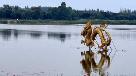 Beautiful view of golden dragon the landmark at  Ang kep nam chat pa wai view point in Suanpueng, Ratchaburi province.の写真素材