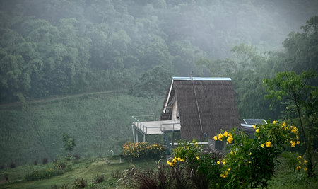 Wooden hut in Bangkama Valley, Ratchaburi, wonderful landscape in Thailand.の写真素材