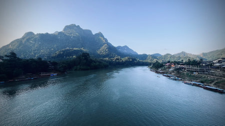 The mountain along Nam Ou river Nong Khiaw , Laosの写真素材