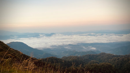 Mist at sunrise from the top of mountain, gorgeous morning fog shrouded the mountain.の写真素材