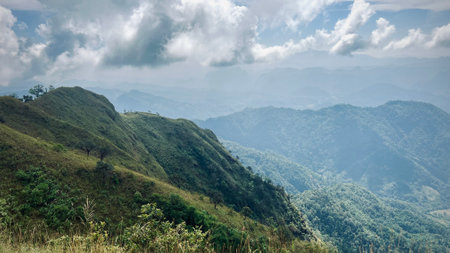 Mon Klui-Jawale-Tule,Mountains, high mountain hiking trail leading to mountain peaks, mountain landscape with valleys and slopes, Tak province, Thailand.の写真素材