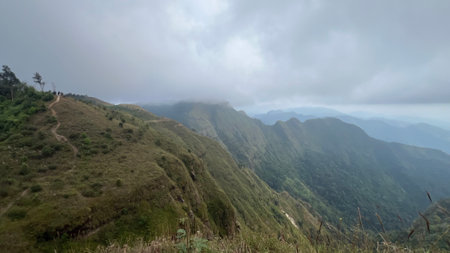 Mon Klui-Jawale-Tule,Mountains, high mountain hiking trail leading to mountain peaks, mountain landscape with valleys and slopes, Tak province, Thailand.の写真素材