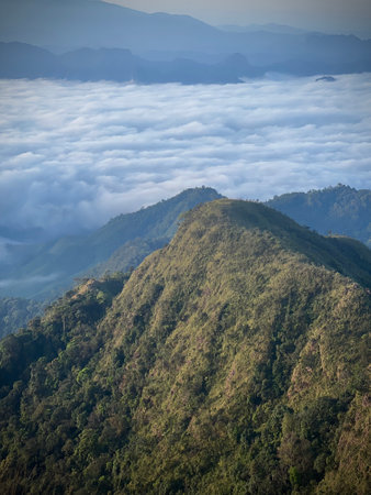 Gorgeous morning fog shrouded the mountain, sea of mist at  n Mon Klui-Jawale-Tule,Mountains, popular high mountain hiking trail in Tak province, Thailand.の写真素材