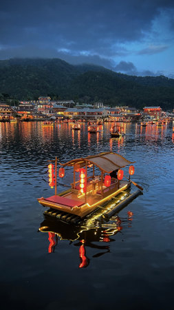 December 15 2024, Mae Hong Son, Thailand : Tourists take a boat trip at night time at Ban Rak Thai...