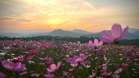 Beautiful cosmos flowers in the meadow and mountain background at sunset.の写真素材