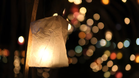 Lantern in the night with light bokeh background.の写真素材