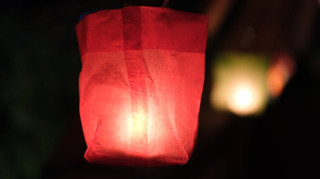 Lantern in the night with light bokeh background.