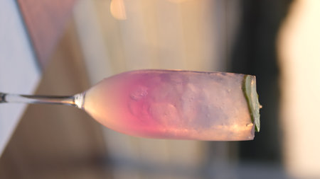 A glass of pink champagne with ice cubes on a blurred background.の写真素材