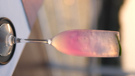 A glass of pink champagne with ice cubes on a blurred background.の写真素材