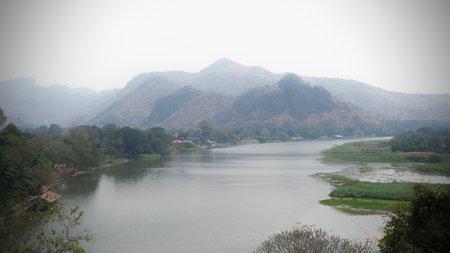 Landscape view of mountain and Kwai river, Kanchanaburi, Thailand.の写真素材