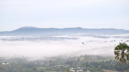 Morning mist blankets the valley and mountain view in Thailand.の写真素材