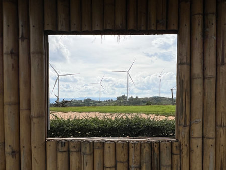 Wind turbines for electric power production, Khao Kho, Phetchabun province, Thailand.の写真素材