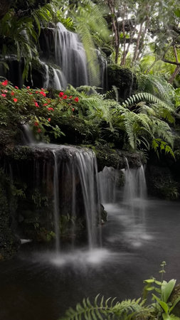Beautiful waterfall in the tropical garden, long exposure shot with slow shutter speedの写真素材