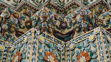 Bangkok, Thailand : Colorful floral mosaic detail on pagodas at Wat Pho in Bangkok,の写真素材