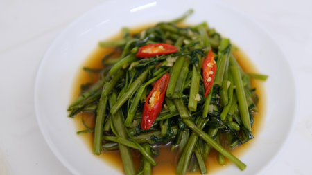 Table top view stir-fried Chinese morning glory isolated on white background.の写真素材