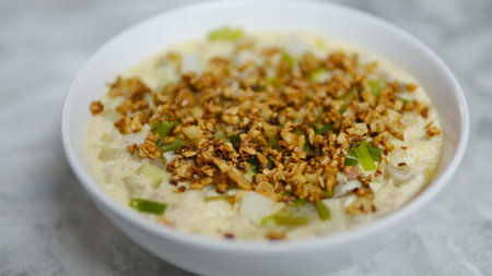 Close up streamed egg with fried garlic on top, Asian healthy menu.の写真素材