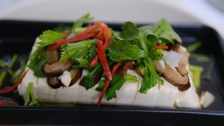 Steamed tofu with with mushroom and vegetable in soy sauce on black backgroundの写真素材