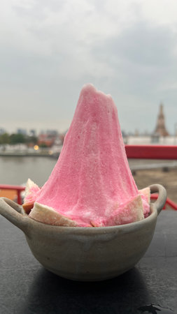 pink ice shaved with bread, Thai style dessert.の写真素材