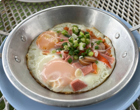 Fried eggs with vegetables in a stainless steel pan.の写真素材