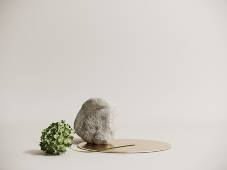 Podium, showcase made of stone and cement with green hydrangea flowers - 3d render. Minimal, aesthetic, light natural background. Brutalist style stand for advertising and presentations of products.の写真素材
