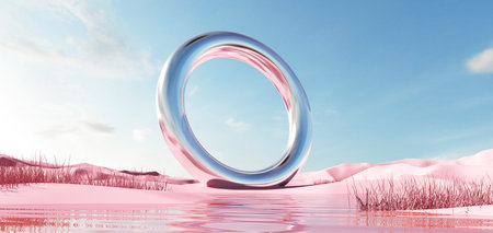 3d render of surreal landscape with round podium in the water and colorful sand. Podium, display on the background of abstract glass, mirror shapes and objects.Fantasy world, futuristic fantasy image.の写真素材