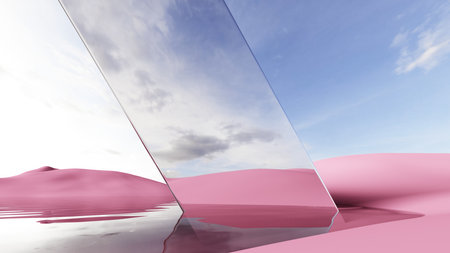 3d render of surreal landscape with water and colorful sand. Podium, display on the background of...