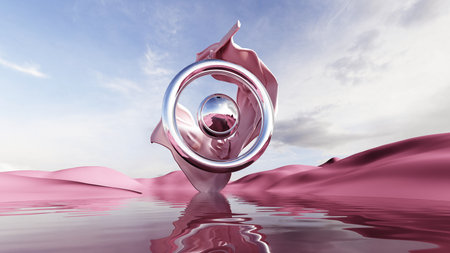3d render of surreal landscape with water and colorful sand. Podium, display on the background of abstract glass, mirror shapes and objects. Fantasy world, futuristic fantasy image.の写真素材